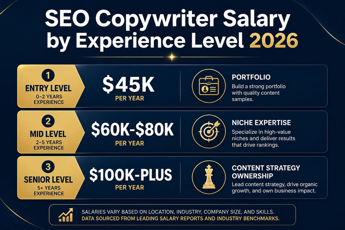 Infographic showing SEO copywriter salary tiers from $45K entry level to over $100K senior level in 2026