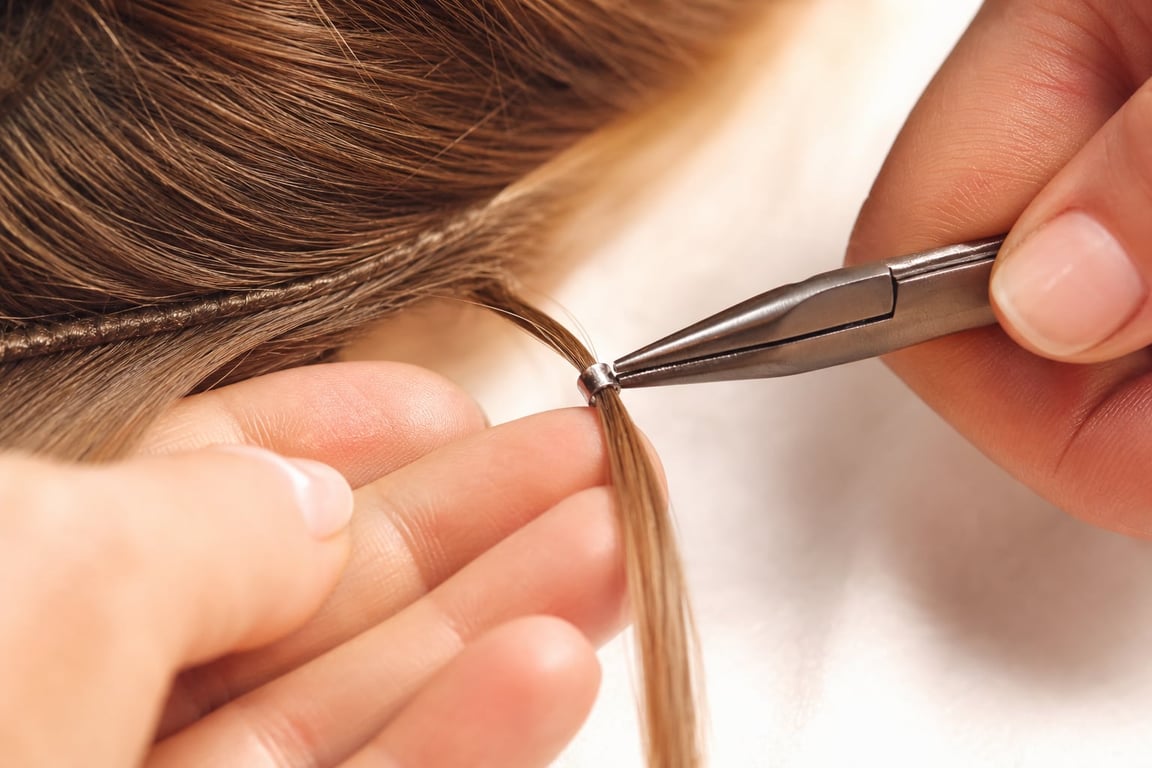 Close-up of hands applying a ring to a hair strand using pliers, with focus on the hair and tools.