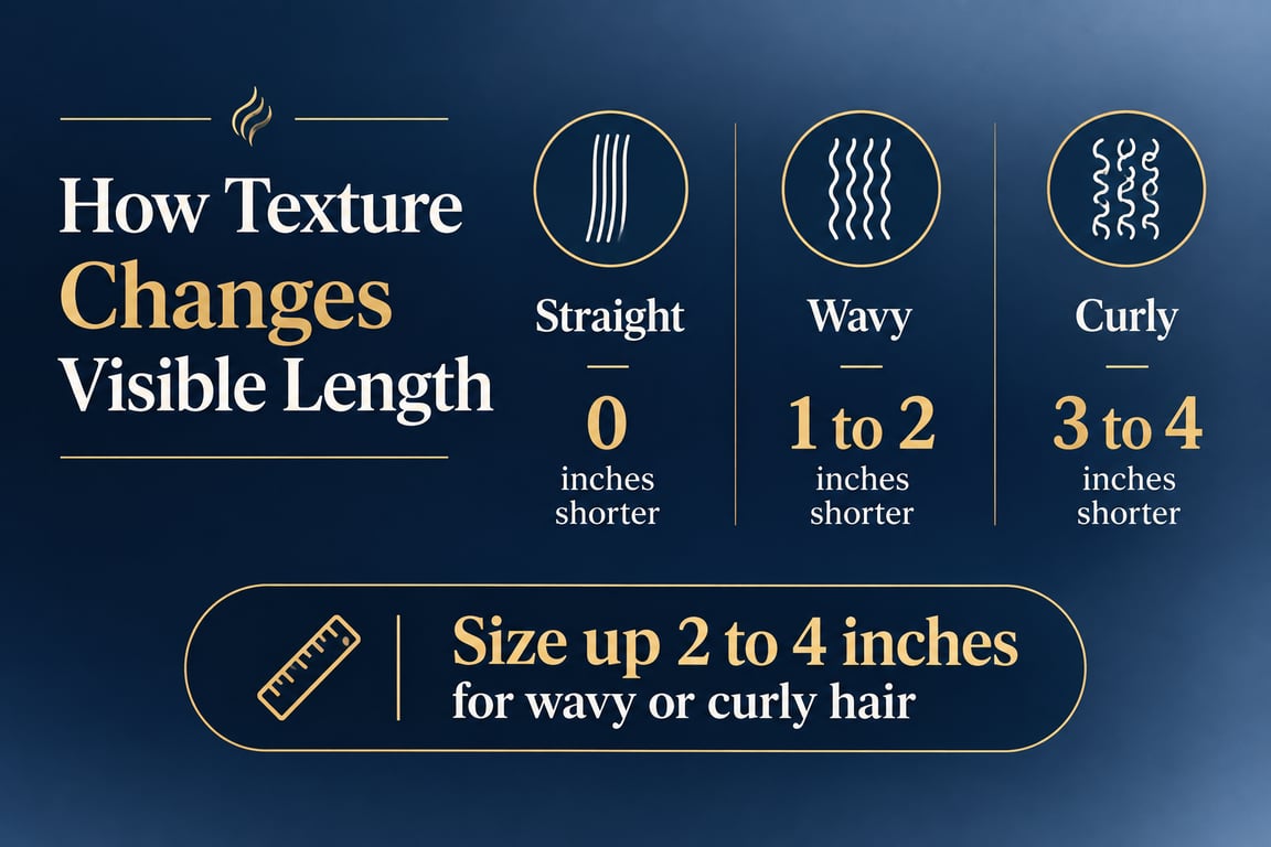 Infographic comparing hair extension length reduction by texture: straight, wavy, and curly with measurements.