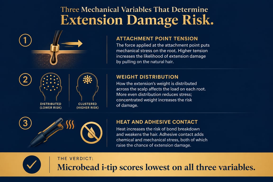 Infographic illustrating three mechanical variables determining extension damage risk: attachment point tension, weight distribution, heat and adhesive contact.