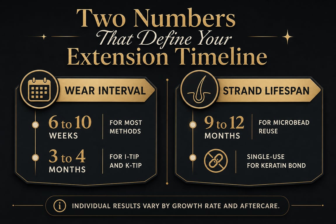 Infographic showing wear interval and strand lifespan for hair extensions with guidelines and timeframes.