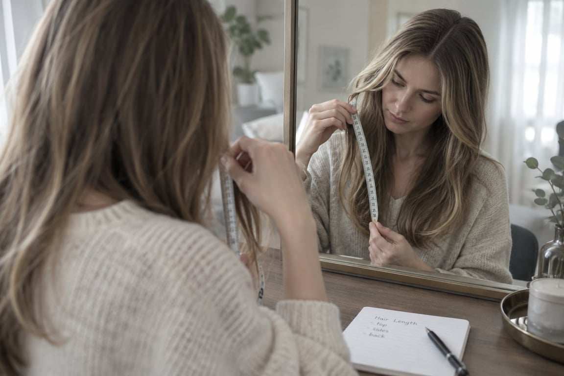 Woman measuring her hair length with a tape measure in front of a mirror.