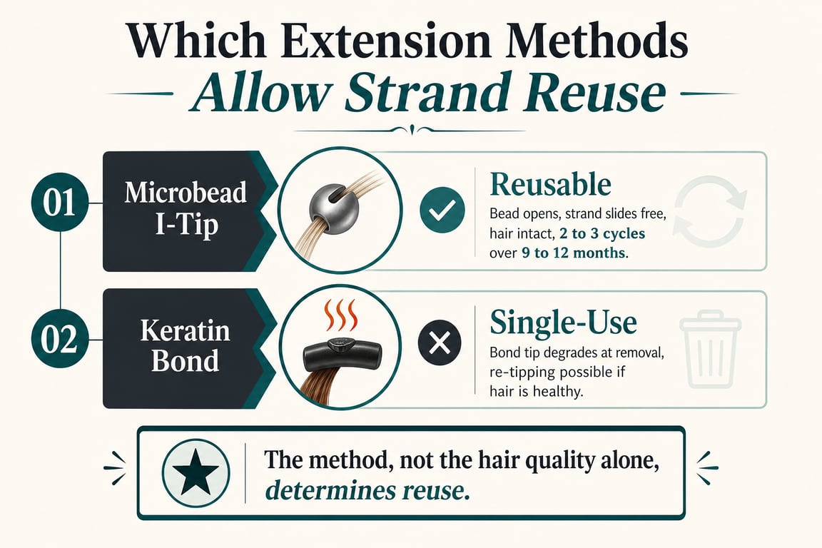 Infographic comparing microbead I-Tip and keratin bond hair extension methods for strand reuse.