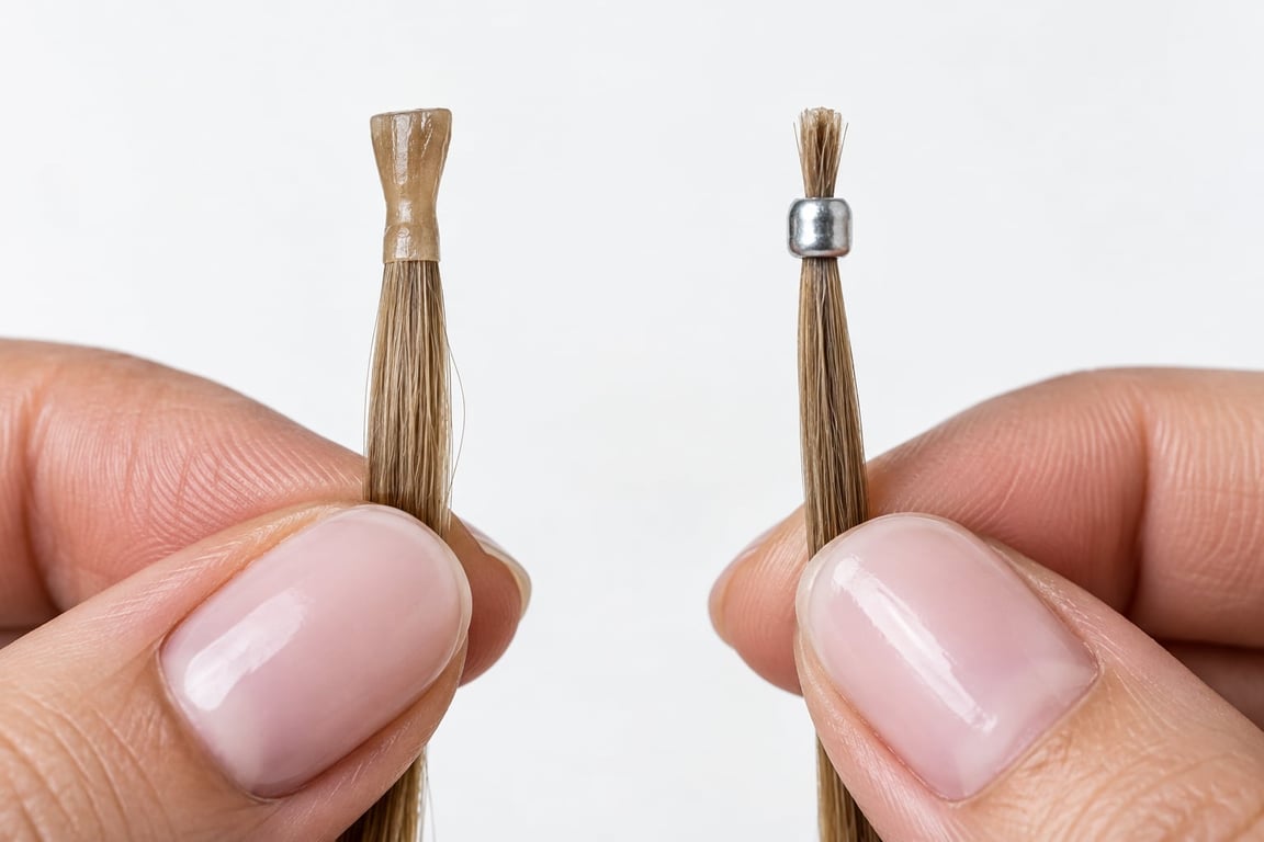 Close-up of a keratin pre-tipped strand and a microbead i-tip strand held side by side for comparison.