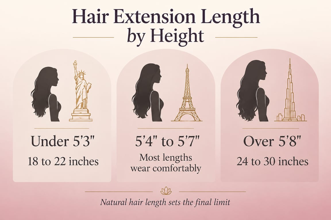 Infographic detailing hair extension lengths for three height categories with landmark icons.
