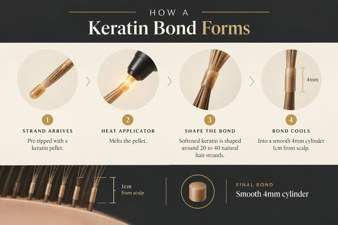 Infographic illustrating four steps of keratin bond formation in K-tip hair extensions.