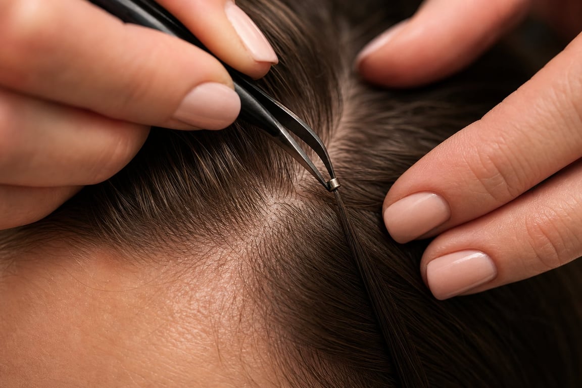 Close-up of hands using tweezers to remove a hair from a scalp with brown hair.