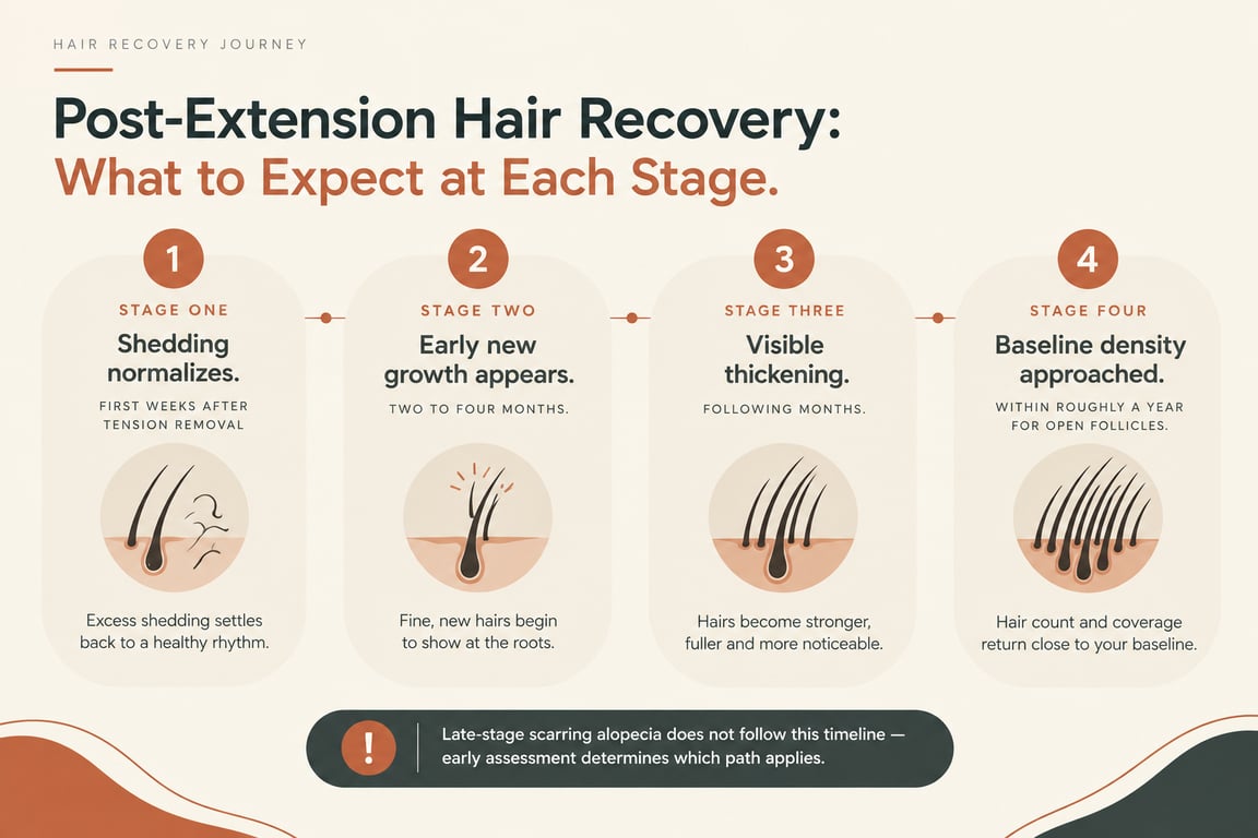 Infographic illustrating post-extension hair recovery stages and expectations.
