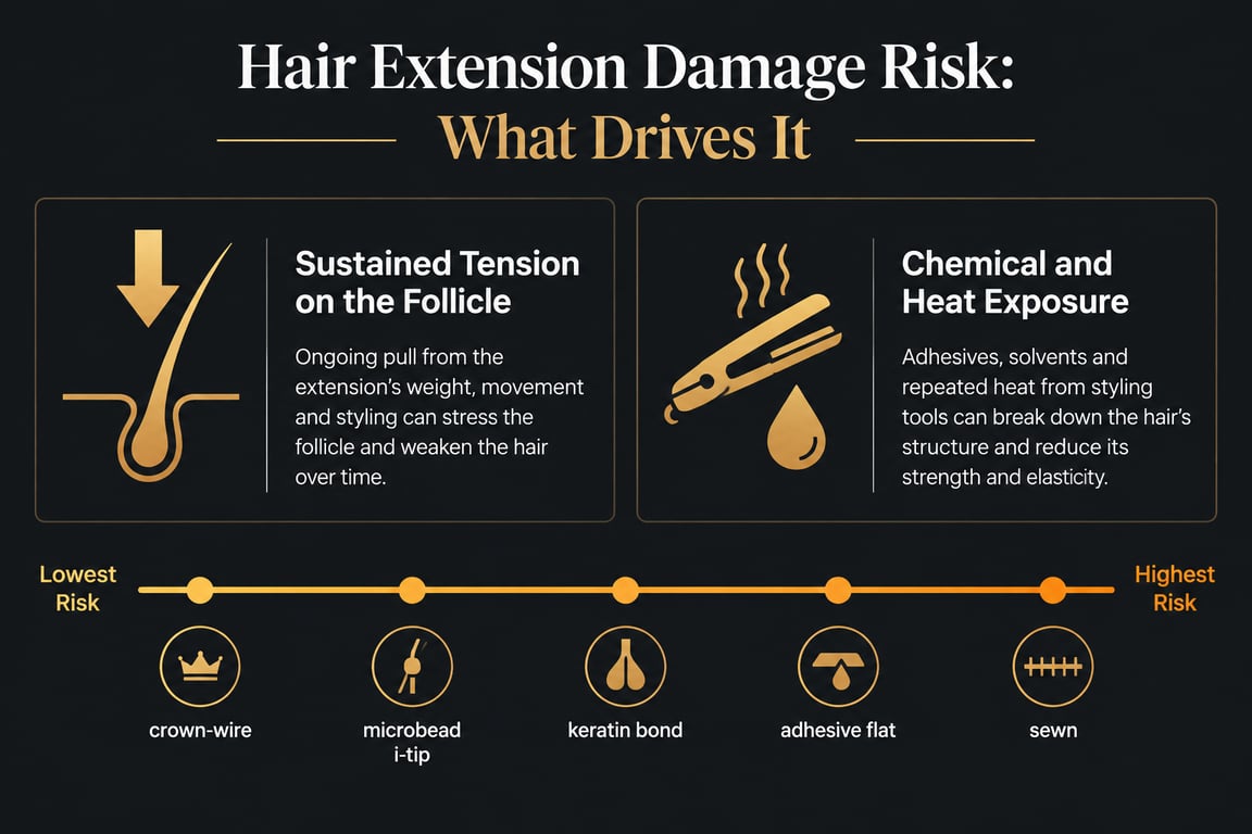 Infographic detailing hair extension damage risks related to tension and chemical exposure.