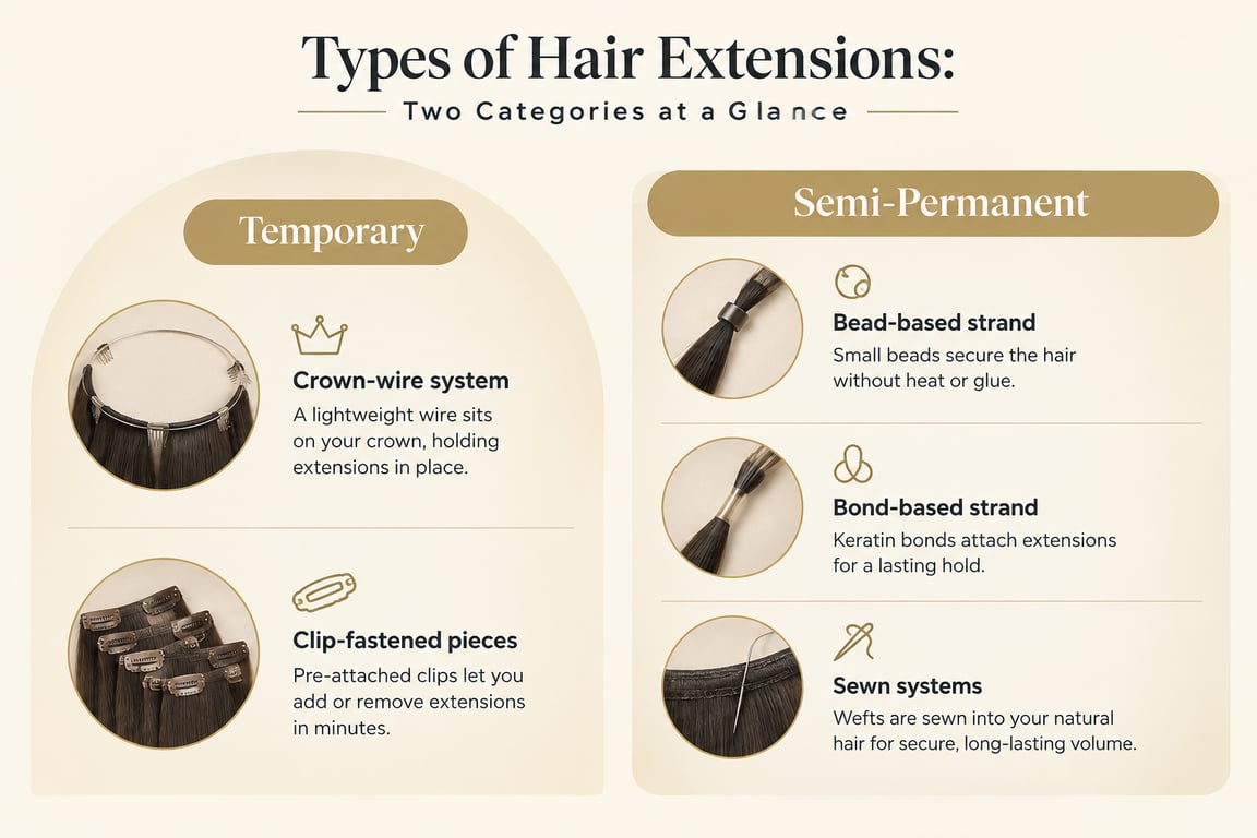 Infographic showing types of hair extensions: Temporary and Semi-Permanent.