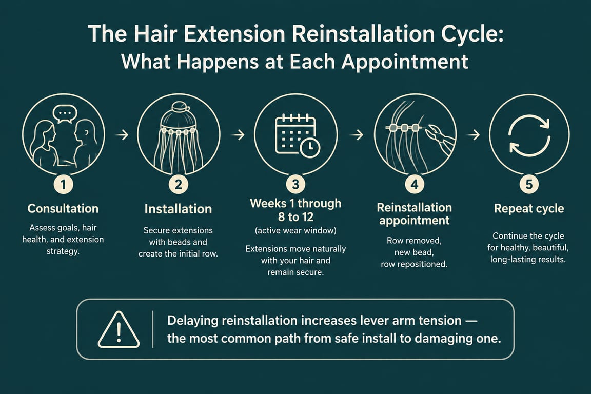 Infographic illustrating the hair extension reinstallation cycle with steps: consultation, installation, weeks 1-8, reinstallation, and repeat cycle.