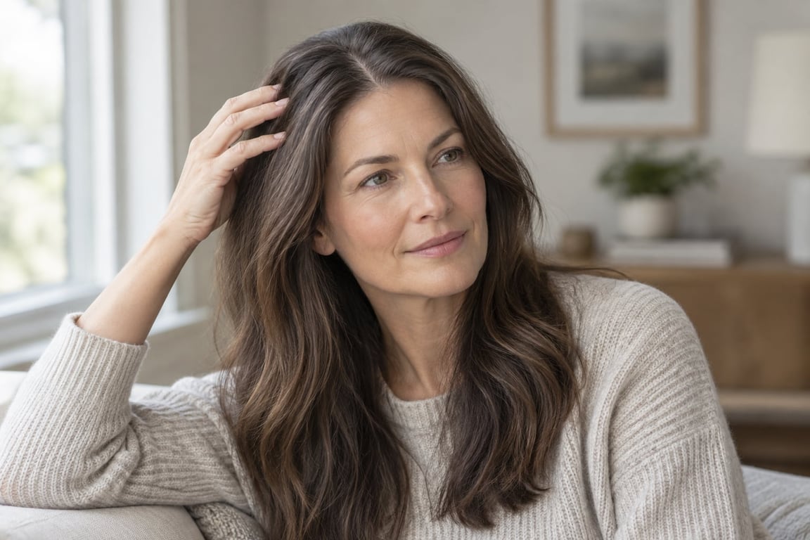 A thoughtful woman with long hair sits on a couch, looking off to the side in a cozy, well-lit living room.