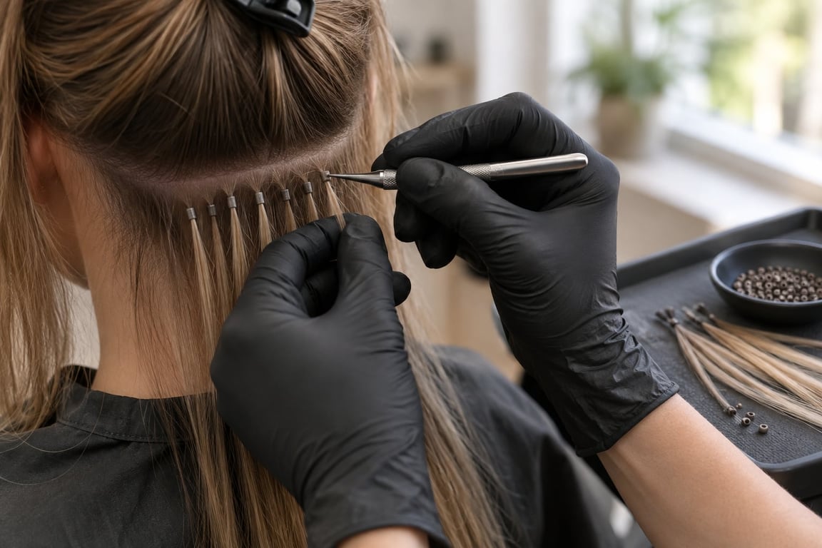 Stylist installing microbead i-tip hair extensions in a client's hair using a tool and new bead.