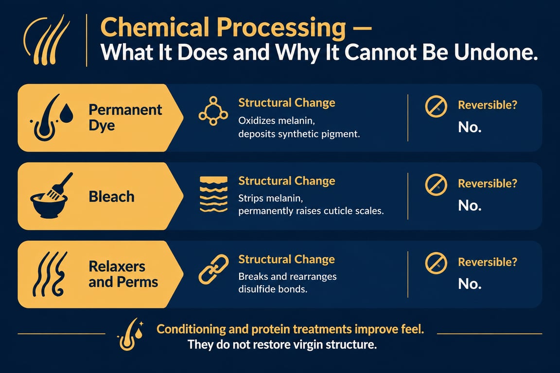 Infographic showing effects of dye, bleach, and relaxers on hair structure, indicating permanence of changes.