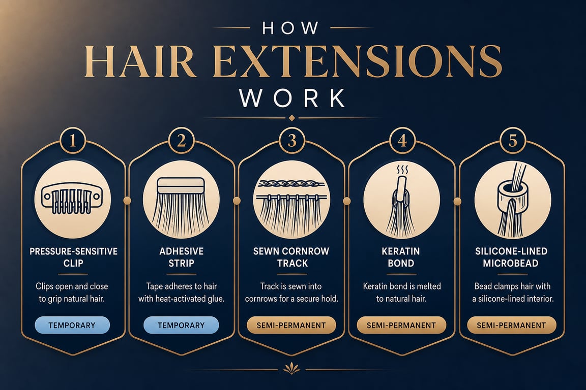 Infographic detailing how hair extensions work, featuring five methods: clip, adhesive, cornrow track, keratin bond, and microbead.