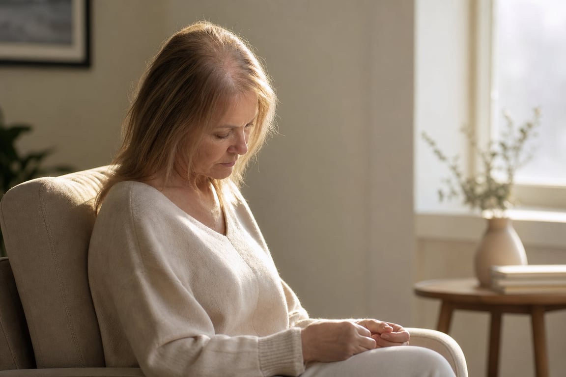 A middle-aged woman with long light hair sits in a soft armchair, gazing down thoughtfully in a well-lit room.
