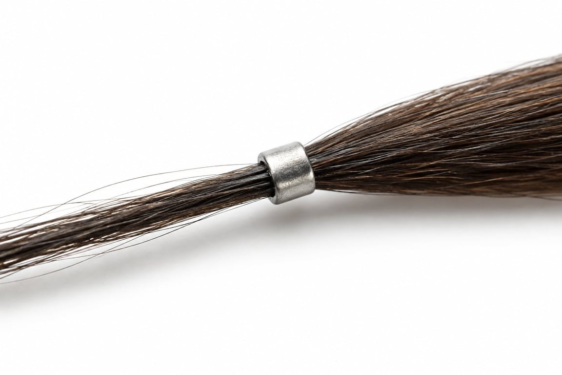 Close-up of a hair strand tied with a metallic band against a white background.