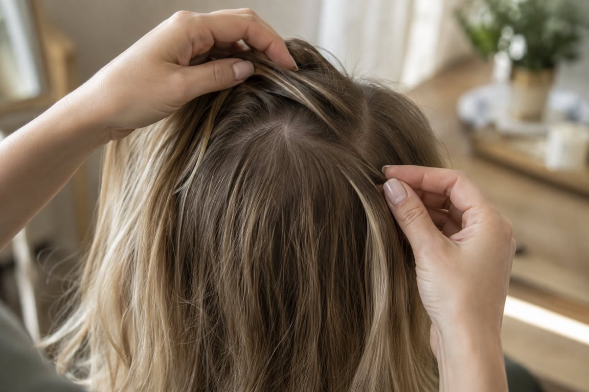 Close-up of hands inspecting fine hair strands on a person's head while determining hair extension length.