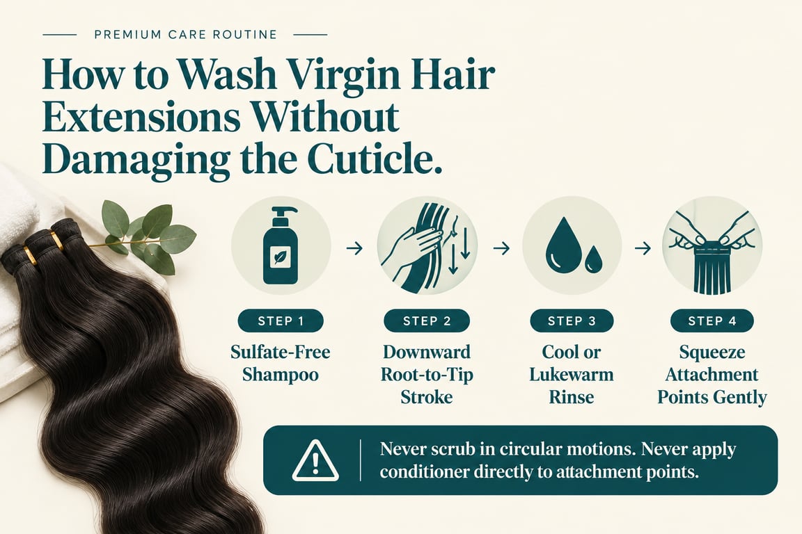 Infographic on washing virgin hair extensions with four steps and care instructions.