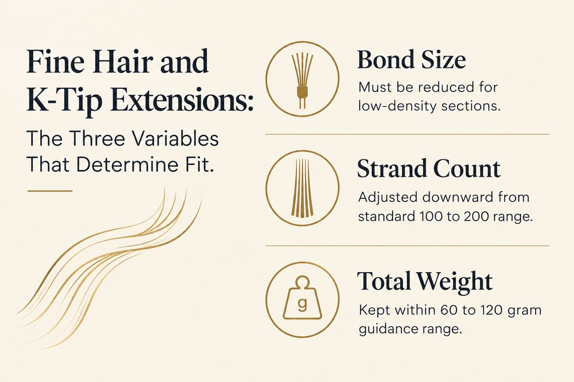 Infographic showing bond size, strand count, and total weight for K-tip extensions on fine hair.
