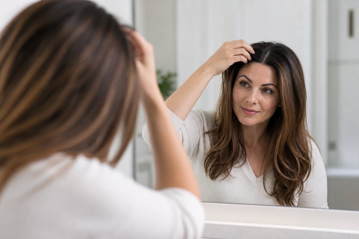 A woman with long brown hair examines her hair in a bathroom mirror.