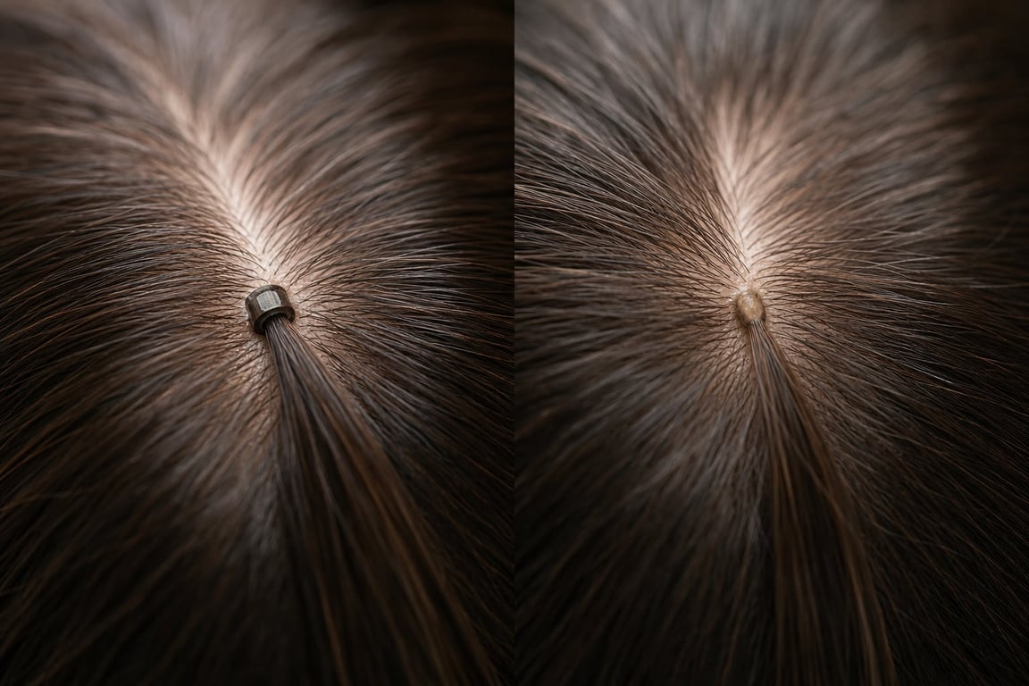 Close-up of two sections of hair with different elastic bands holding ponytails.