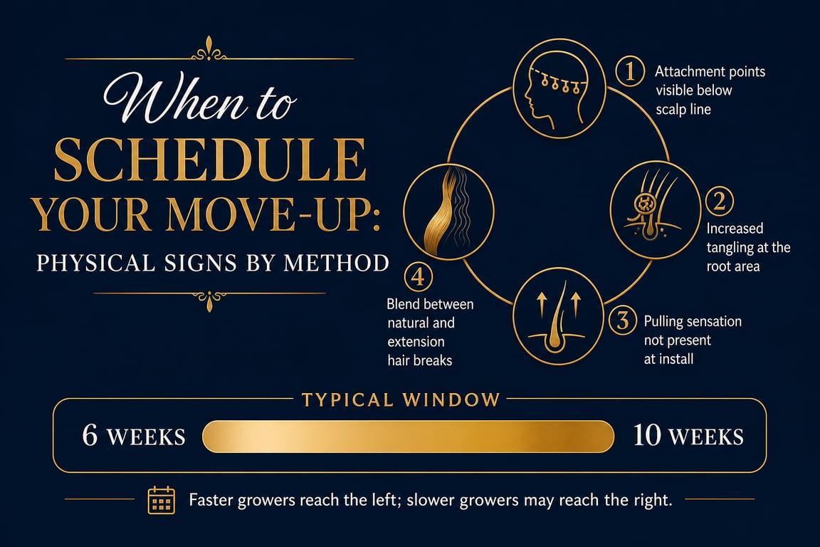 Infographic detailing physical signs to schedule hair move-ups, with a timeline of 6 to 10 weeks for different hair types.