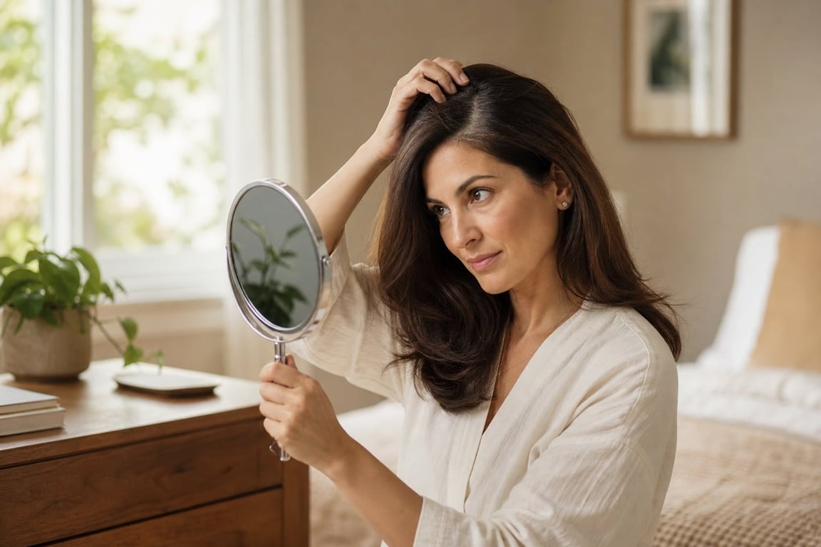 Woman examining her hair in a handheld mirror while sitting at a wooden dresser.