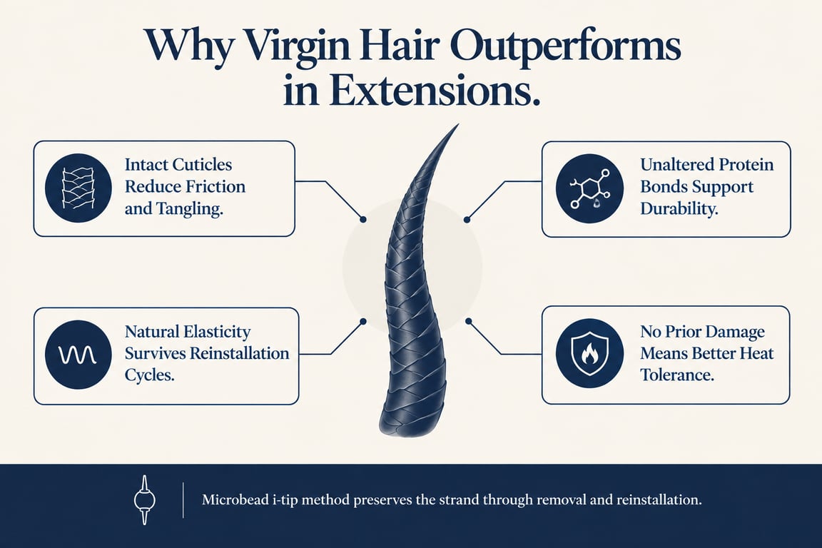 Radial infographic comparing virgin hair and processed hair for extensions with a central hair strand icon.