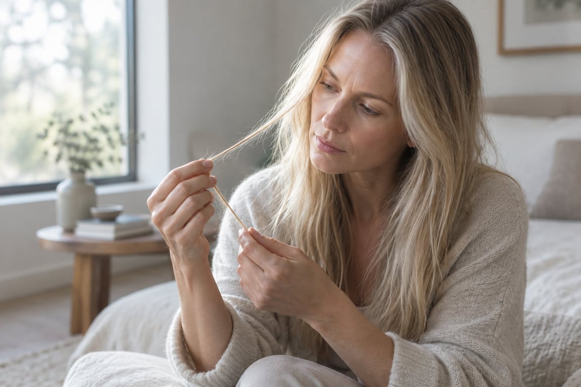 A woman with long, blonde hair examining a strand while seated in a cozy, well-lit room.