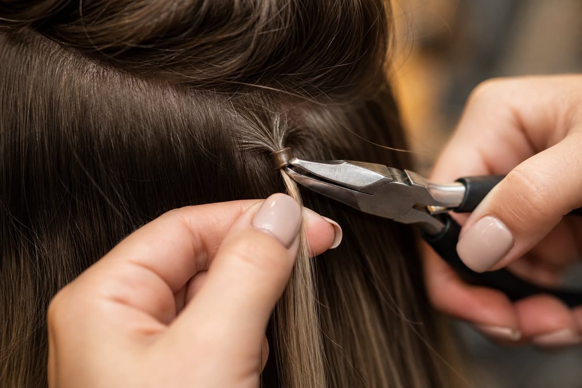 A person using pliers to attach or remove a hair extension on a strand of hair.