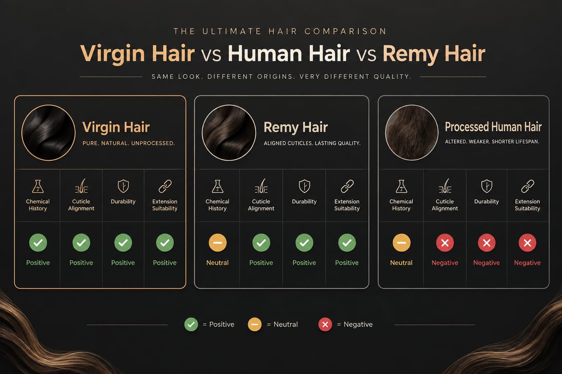Infographic comparing virgin hair, Remy hair, and processed human hair on four attributes: chemical history, cuticle alignment, durability, and extension suitab