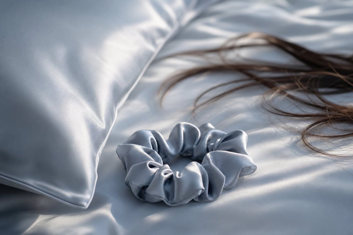 A light blue satin scrunchie on a satin pillow beside long, brown hair strands.