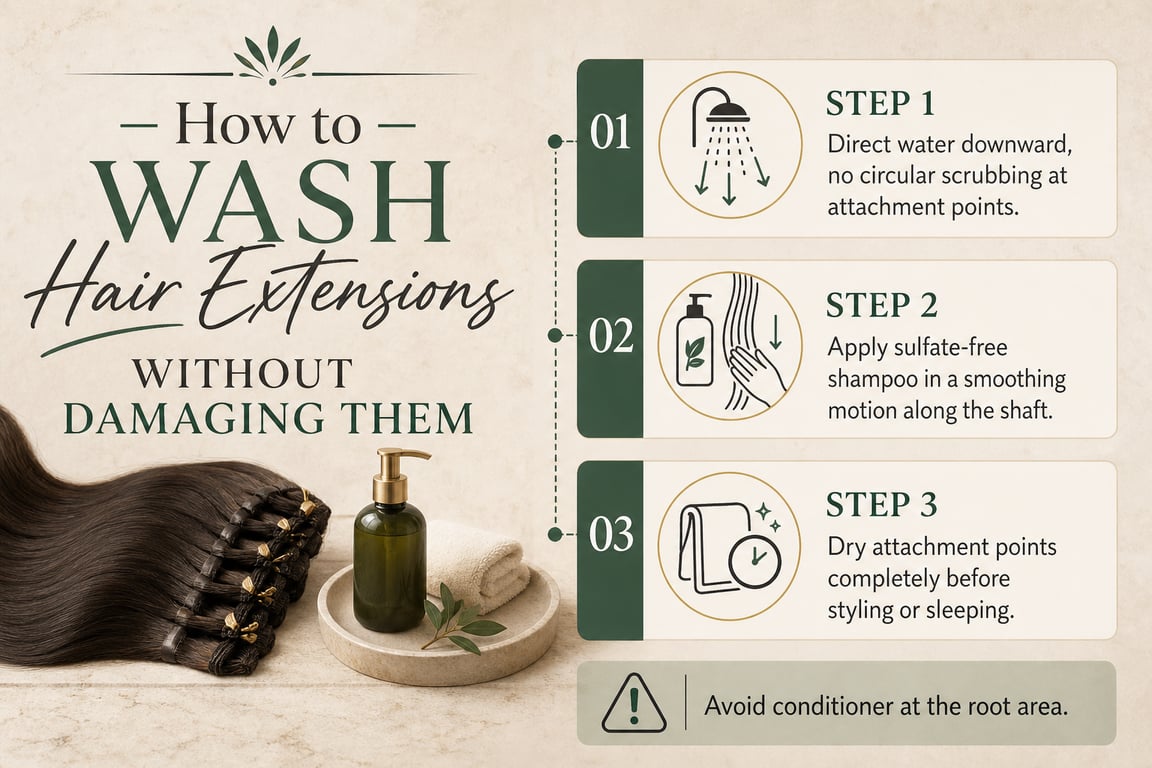 Infographic outlining steps for washing hair extensions with illustrations and text instructions.