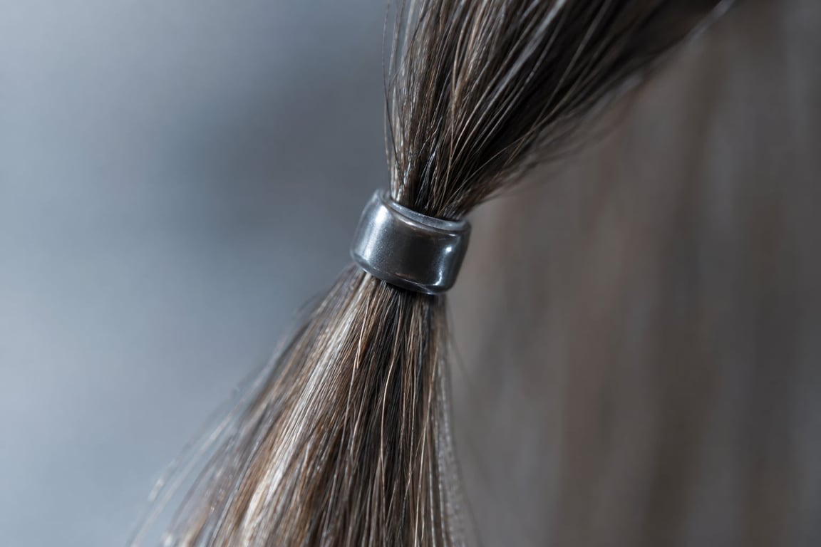 Close-up of a brown hair tied with a silver hair tie against a blurred background.