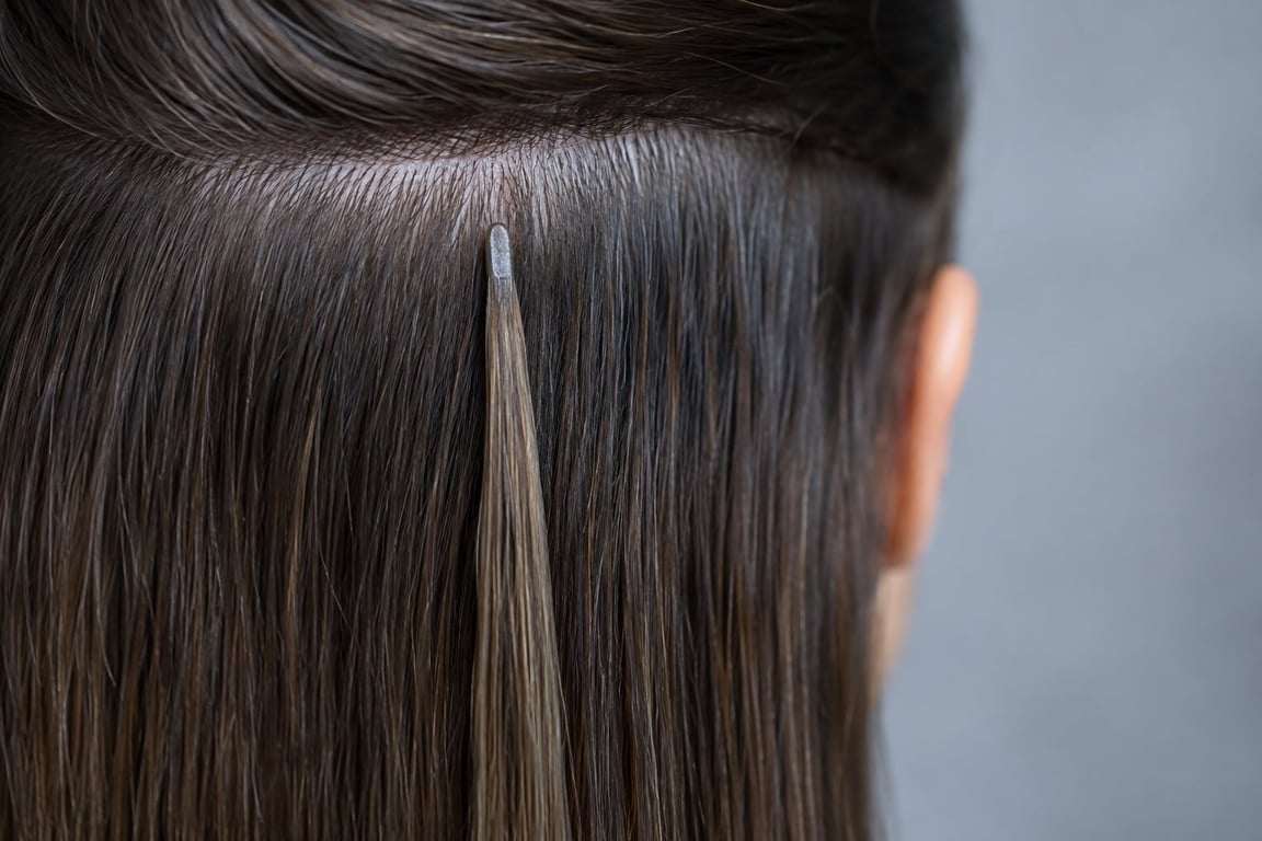 Extreme close-up of a keratin bond near the scalp, showing optimal placement without tension.