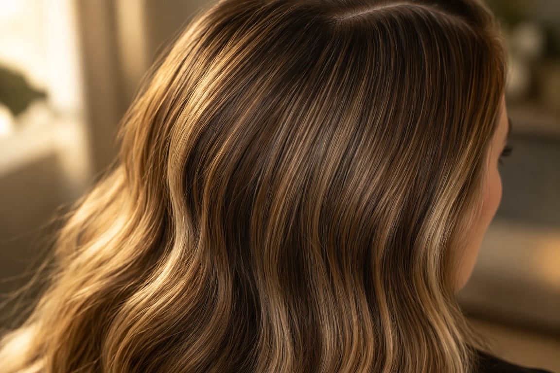Close-up of a person's wavy hair, showcasing a blend of blonde and light brown hues.