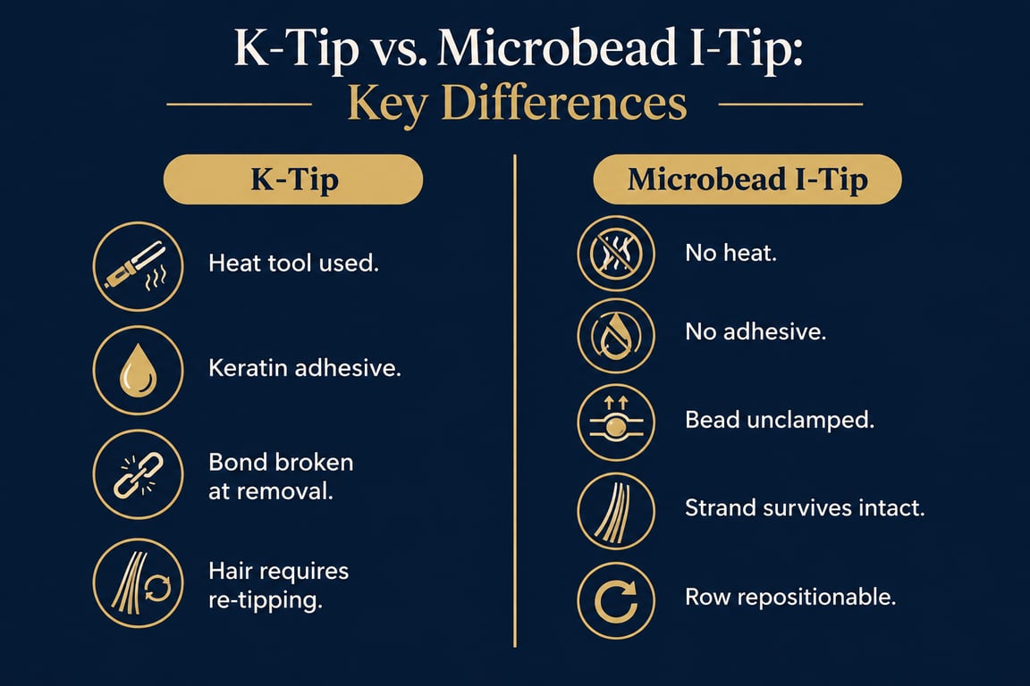 Infographic comparing K-tip and microbead I-tip hair extensions on heat, adhesive, and strand reuse.