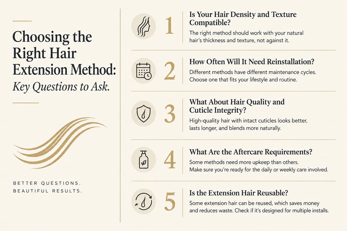 Graphic detailing questions to consider when choosing hair extensions, with numbered points and elegant design elements.