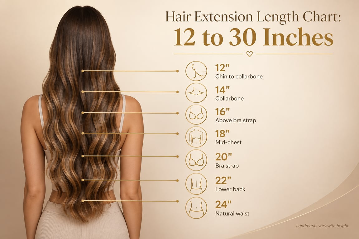 Infographic showing hair extension length chart from 12 to 30 inches with body landmark markers.