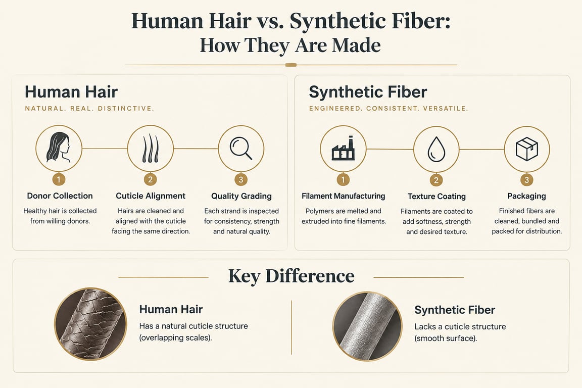 Infographic comparing human hair and synthetic fiber with sections on their characteristics and key differences.