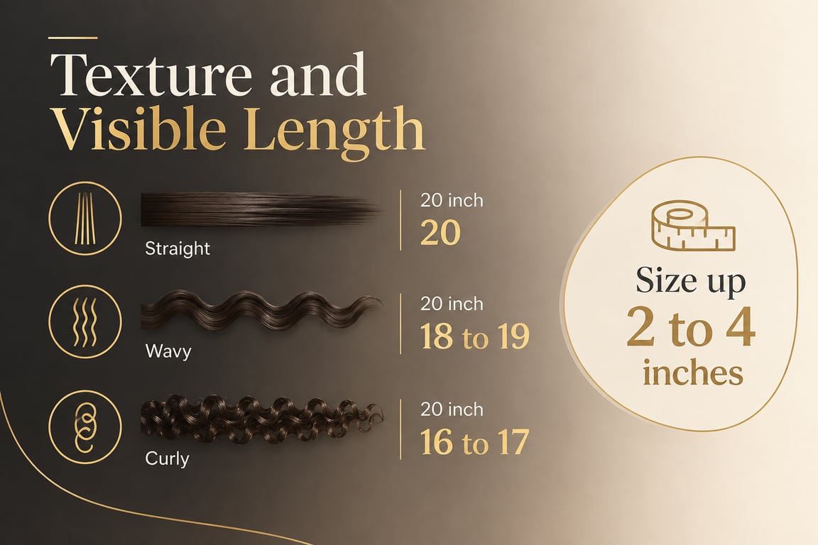 Infographic displaying hair extension lengths for straight, wavy, and curly hair textures with size differences.