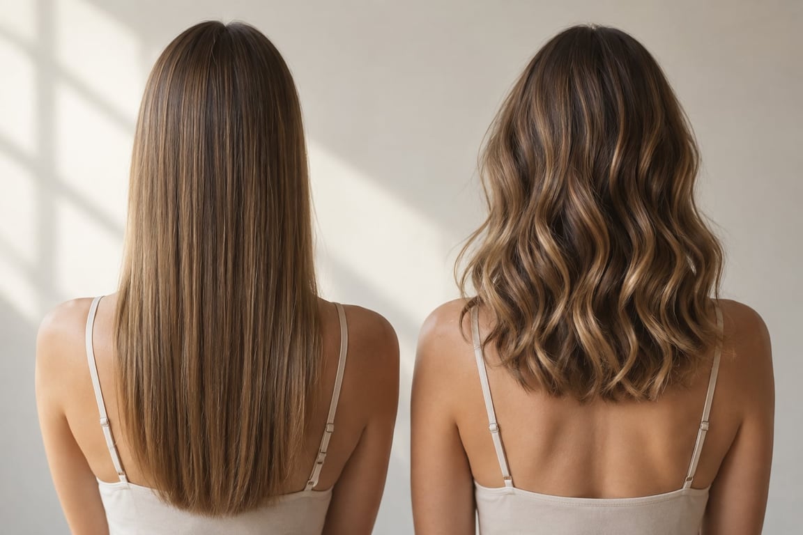 Back view of two women with straight and wavy hair textures, demonstrating different lengths of hair extensions.
