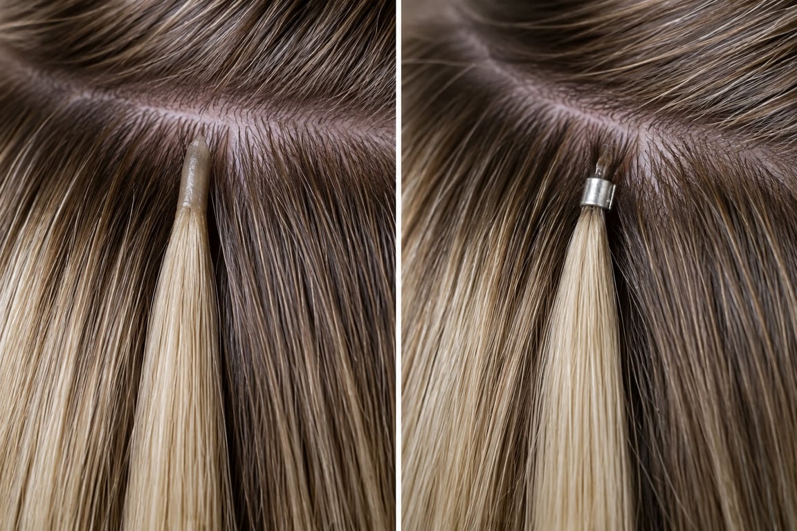 Close-up comparison of keratin bond and microbead attachment methods in hair extensions.