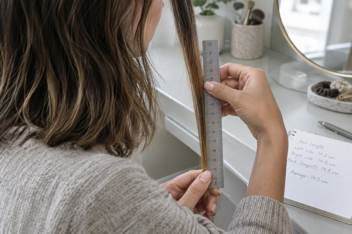 Woman measuring her hair length with a ruler next to a notebook on a desk.