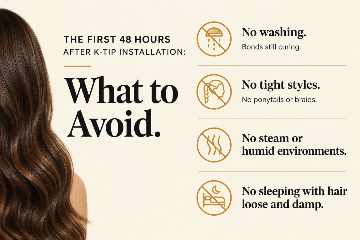 Infographic listing four restrictions post K-tip hair extension installation: no washing, no tight styles, no steam, no sleeping with loose hair.