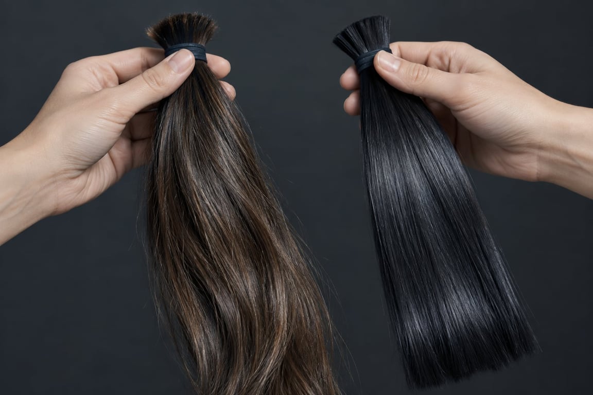 Two hair extensions held in hands: one wavy brown and one straight black, both tied with black bands.