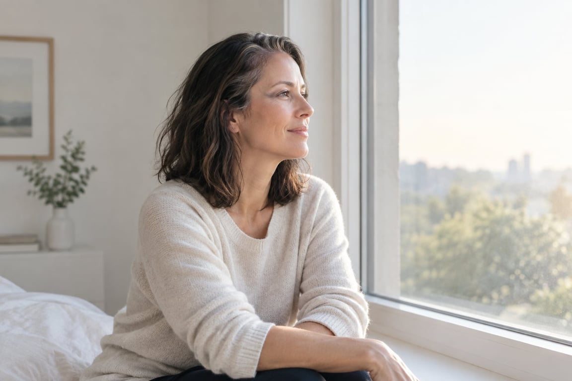 A woman with medium-length brown hair gazes thoughtfully out a large window in a cozy room.