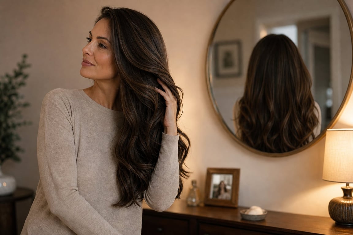 A woman with long, wavy hair poses in front of a round mirror, touching her hair and smiling softly.