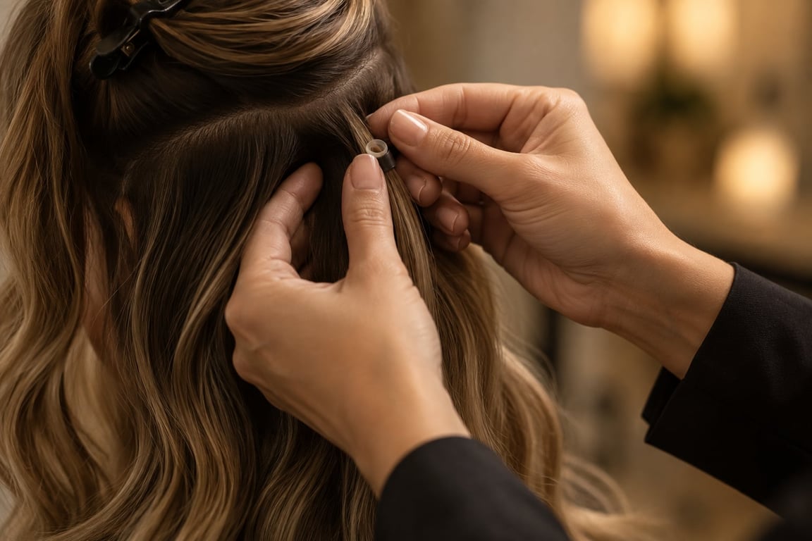 A close-up of hands applying hair extensions to long blonde hair.